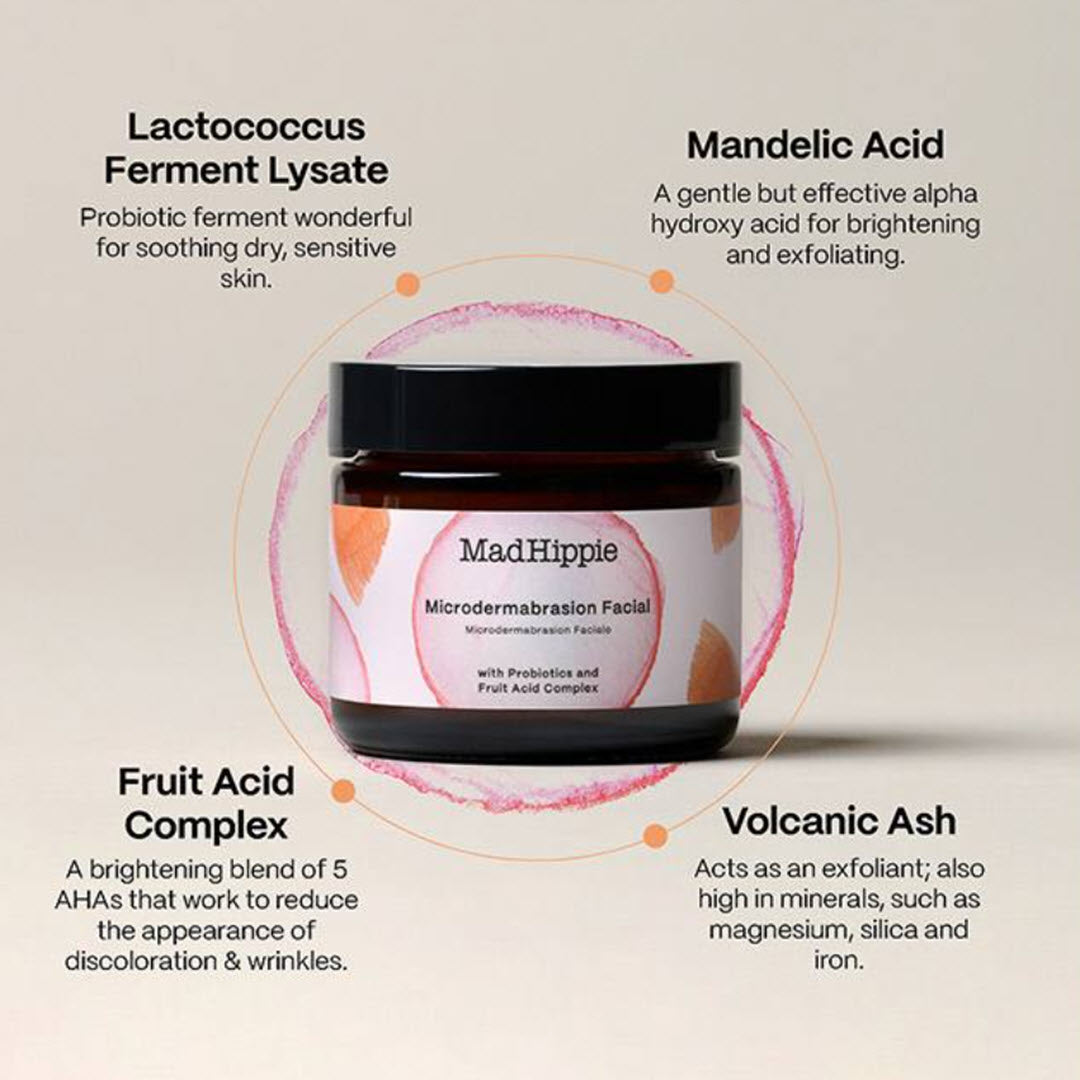 Mad Hippie Microdermabrasion Facial jar with key ingredient callouts for Lactococcus Ferment Lysate, Mandelic Acid, Fruit Acid Complex, and Volcanic Ash