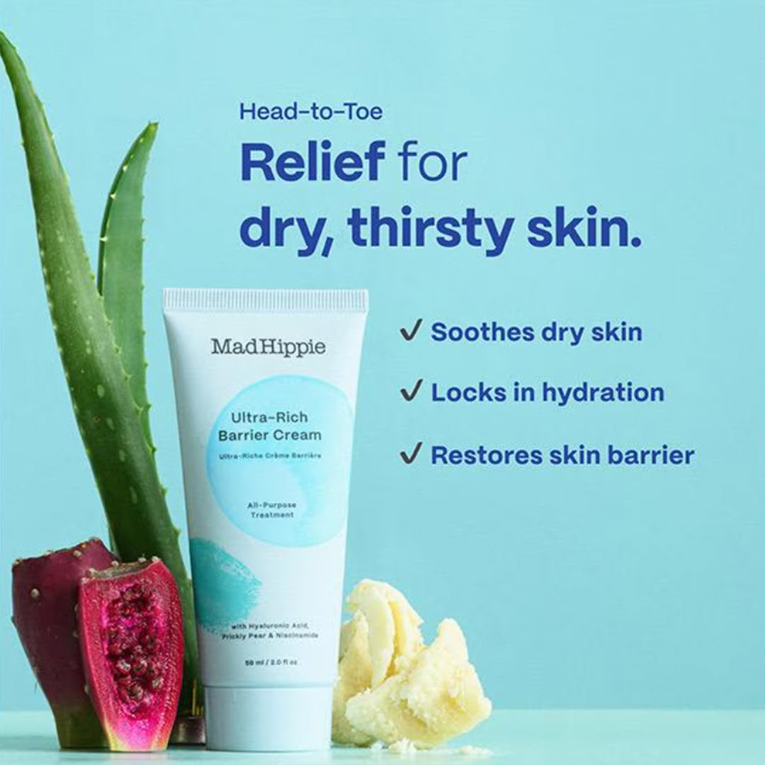 Mad Hippie Ultra-Rich Barrier Cream tube with aloe, prickly pear, and shea butter next to head-to-toe relief for dry skin callout