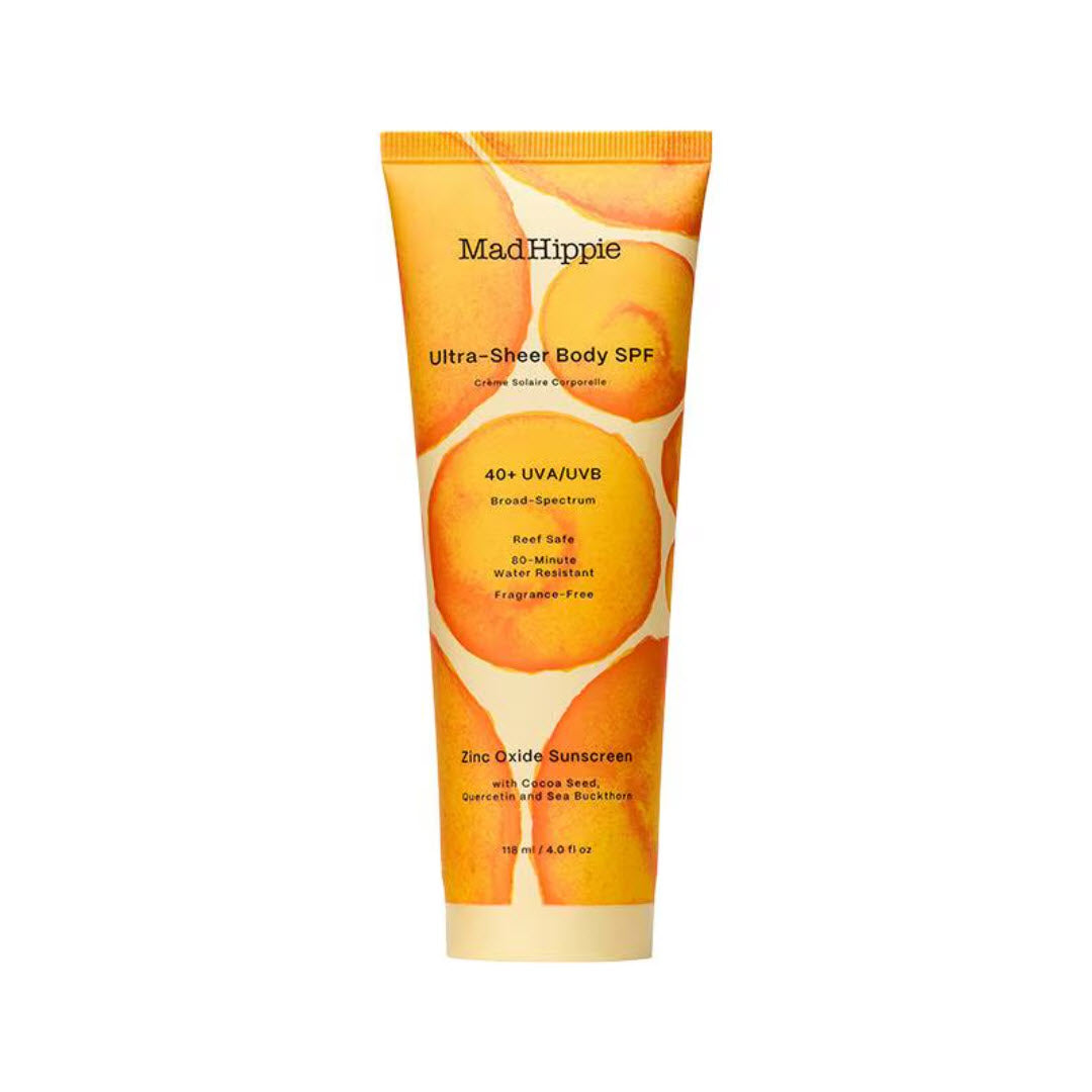 Mad Hippie Ultra-Sheer Body SPF 40+ zinc oxide sunscreen tube with Cocoa Seed, Quercetin, and Sea Buckthorn, 4.0 fl oz
