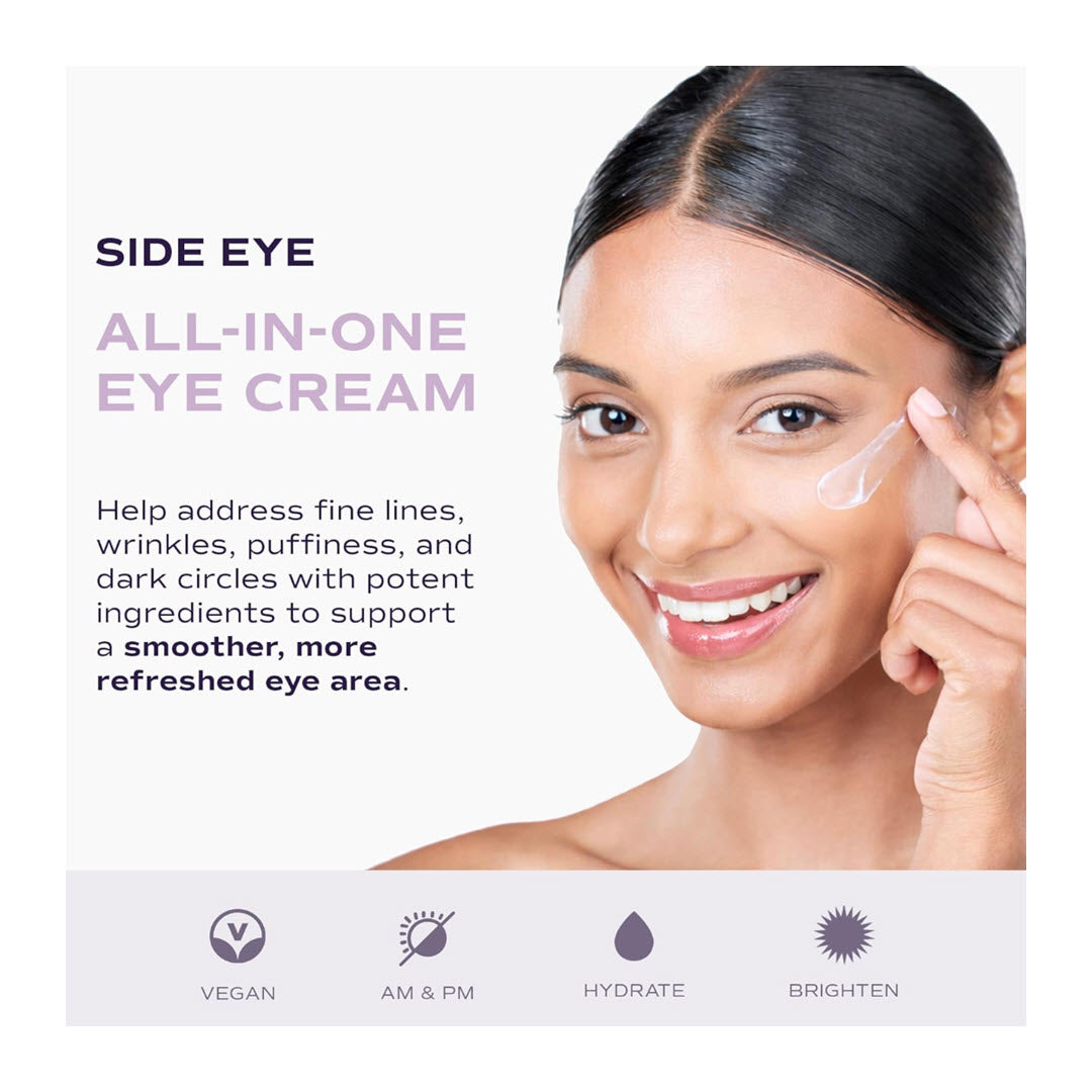 Masktini Side Eye All-In-One Eye Cream infographic: helps address fine lines, wrinkles, puffiness, and dark circles for a smoother, more refreshed eye area; vegan, for AM and PM use, hydrating and brightening