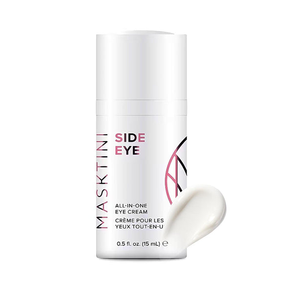 Masktini Side Eye All-In-One Eye Cream bottle, 0.5 fl oz / 15 mL, with a swatch of its peptide eye cream texture