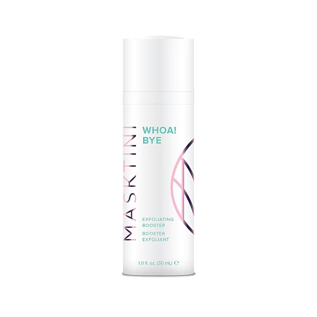 Masktini Whoa! Bye Exfoliating Booster bottle, 1.0 fl oz / 30 mL, an AHA exfoliant with glycolic acid and lactic acid