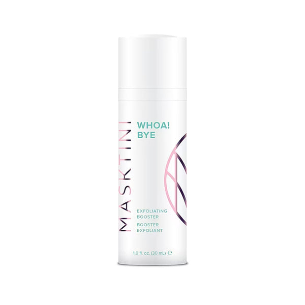 Masktini Whoa! Bye Exfoliating Booster bottle, 1.0 fl oz / 30 mL, an AHA exfoliant with glycolic acid and lactic acid