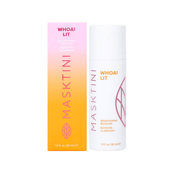 Masktini Whoa! Lit Brightening Booster bottle next to its retail packaging box, 1.0 fl oz / 30 mL, a 23% vitamin C serum