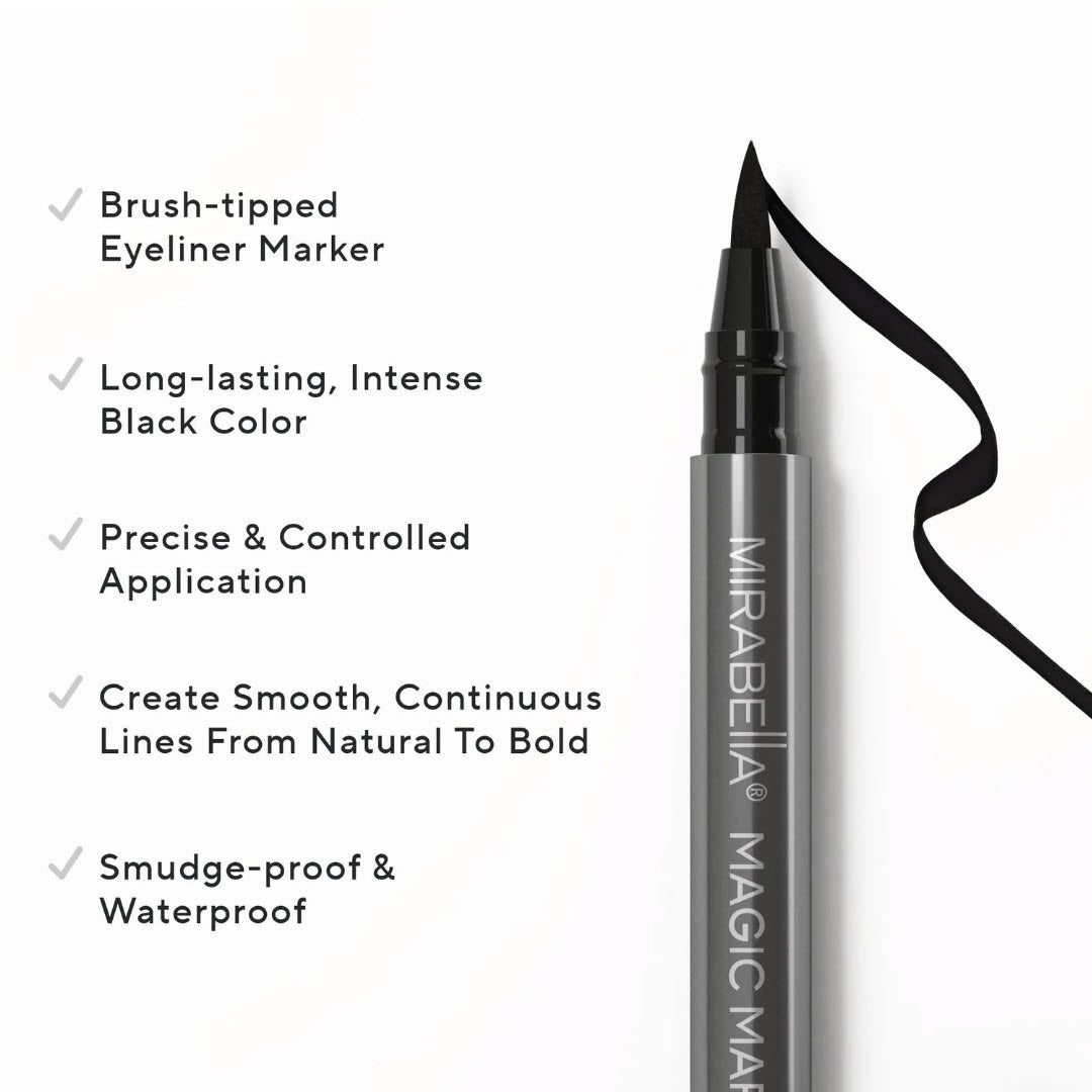 Mirabella Black Magic Marker Liquid Eyeliner features: brush-tipped, long-lasting intense black, precise application, smudge-proof and waterproof