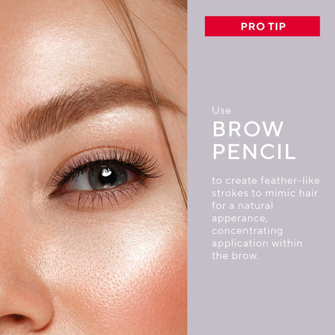 Close-up of model's brow with pro tip on using Mirabella Brow Pencil in feather-like strokes for a natural look