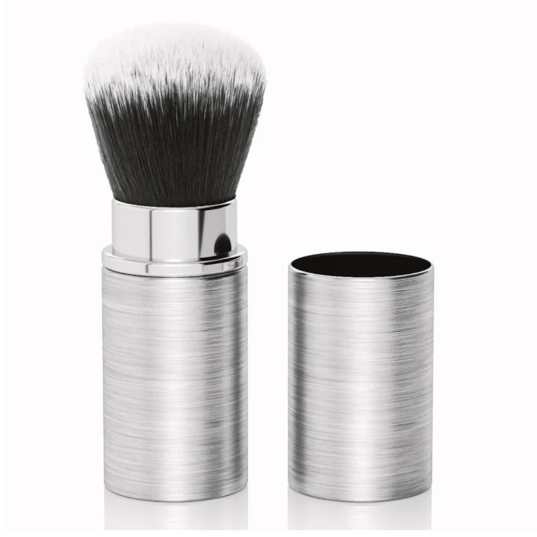Mirabella Multi-tasking Retractable Kabuki Style Professional Makeup Brush extended next to its protective cap
