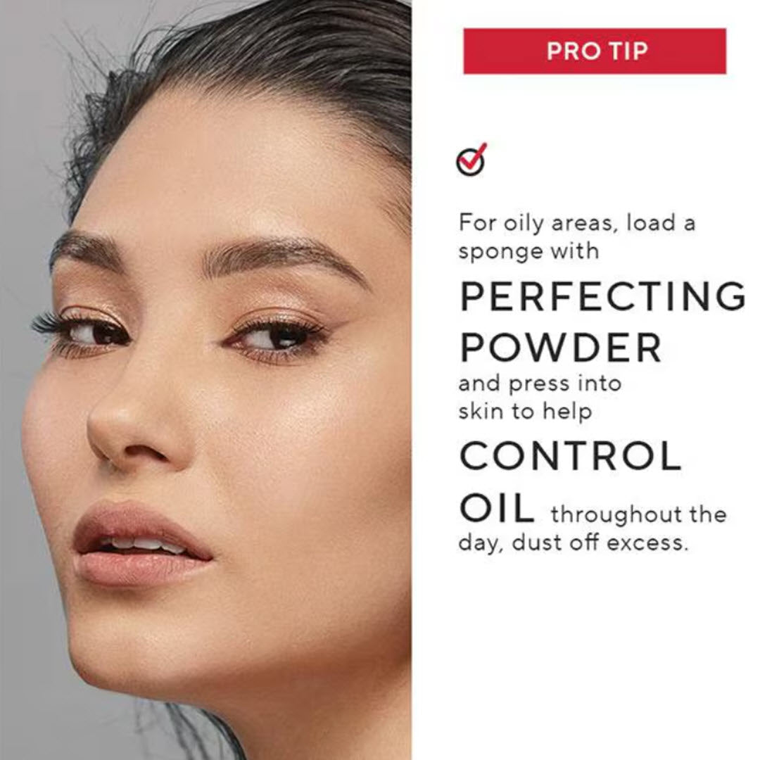 Pro tip for Mirabella Perfecting Powder: load a sponge and press into skin to control oil throughout the day
