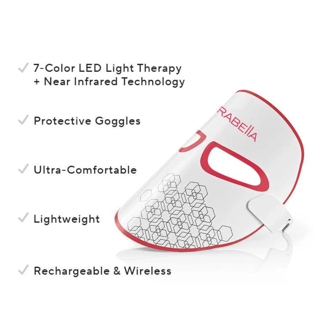 Mirabella Phototherapy LED Facial Mask features: 7-color LED with near infrared, protective goggles, lightweight, rechargeable and wireless