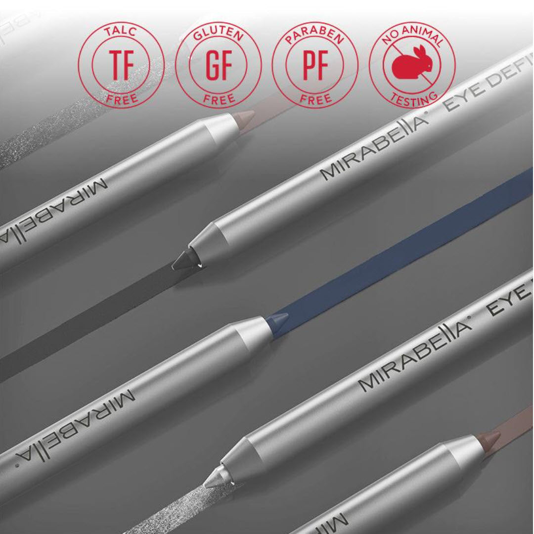 Mirabella Retractable Eye Definer Liner Pencils lineup showing precision tip and talc-free, gluten-free, paraben-free, cruelty-free badges