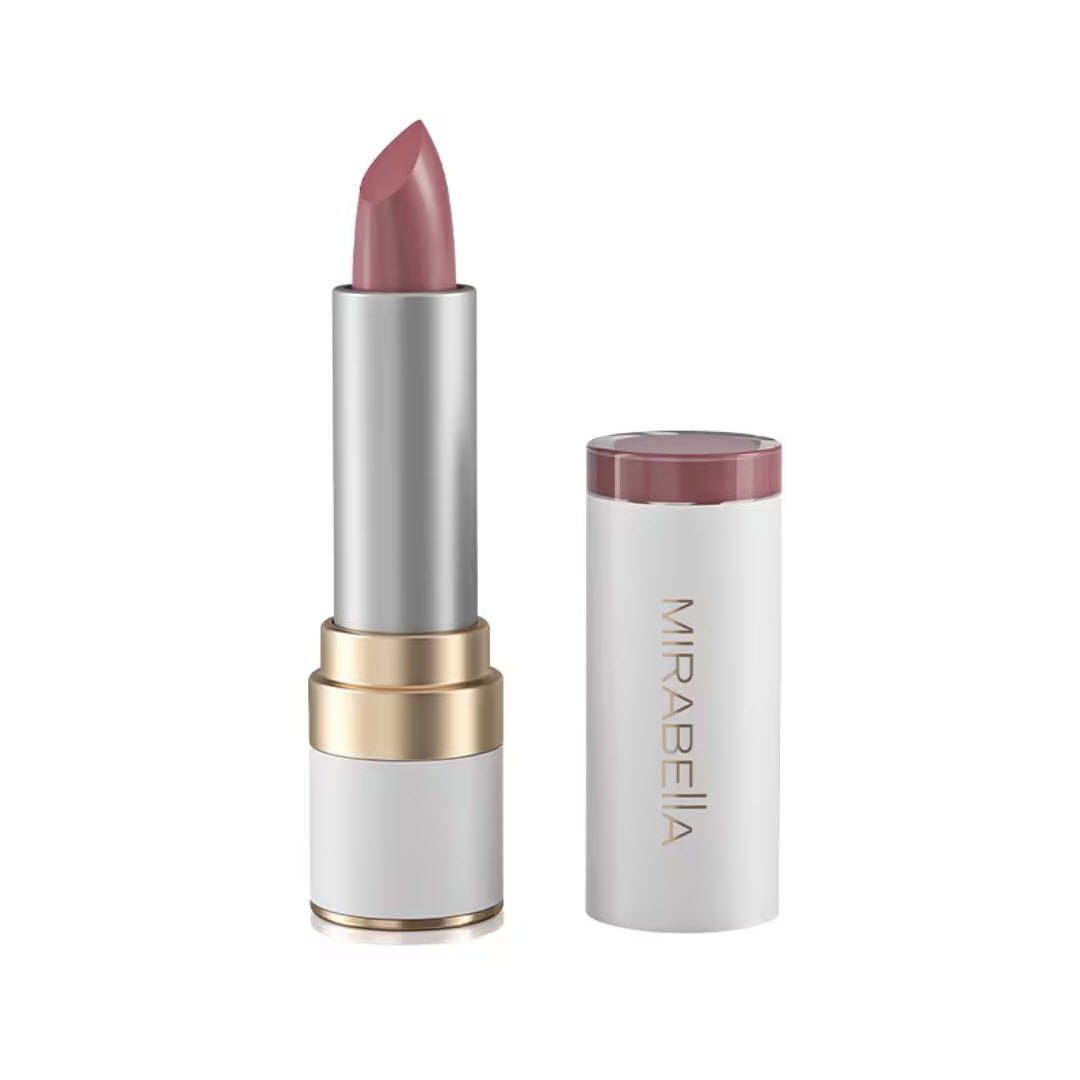 Mirabella Sealed With a Kiss Lipstick in shade Rosy Rouge with cap showing color