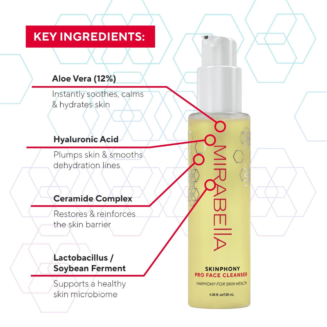 Mirabella Skinphony Pro Face Cleanser key ingredients: aloe vera, hyaluronic acid, ceramide complex and lactobacillus soybean ferment