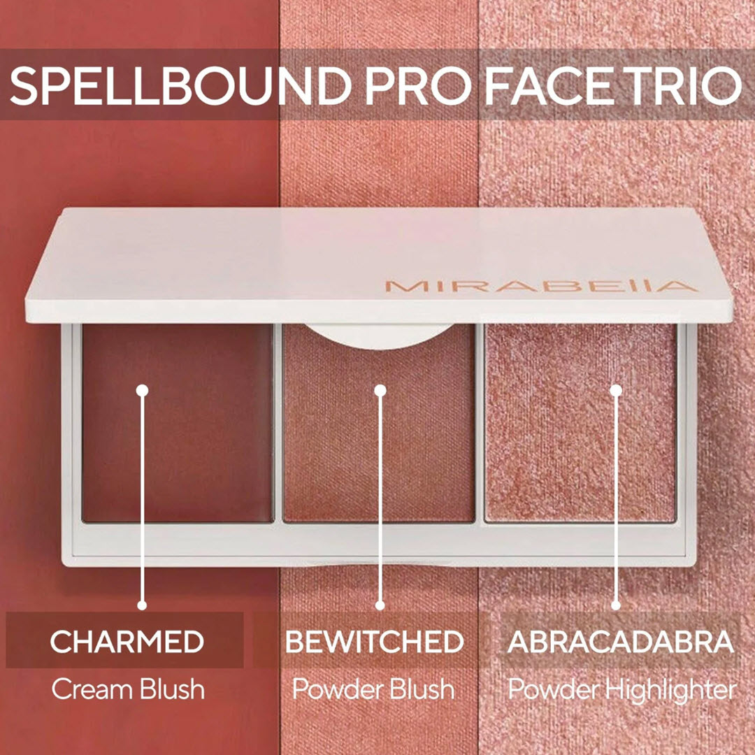 Mirabella Spellbound Pro Face Trio labeled: Charmed cream blush, Bewitched powder blush, Abracadabra powder highlighter