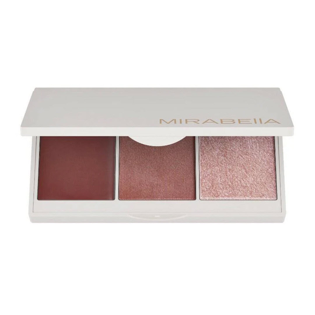 Mirabella Spellbound Pro Face Palette Trio open compact showing cream blush, powder blush and powder highlighter