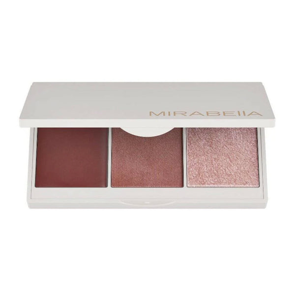 Mirabella Spellbound Pro Face Palette Trio open compact showing cream blush, powder blush and powder highlighter