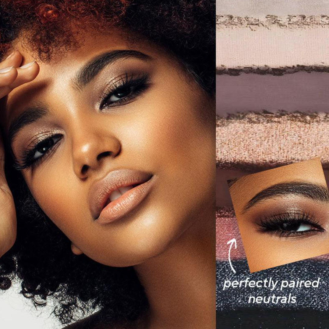 Model wearing Mirabella True to You Nude Eyeshadow with perfectly paired neutral shimmer and matte tones