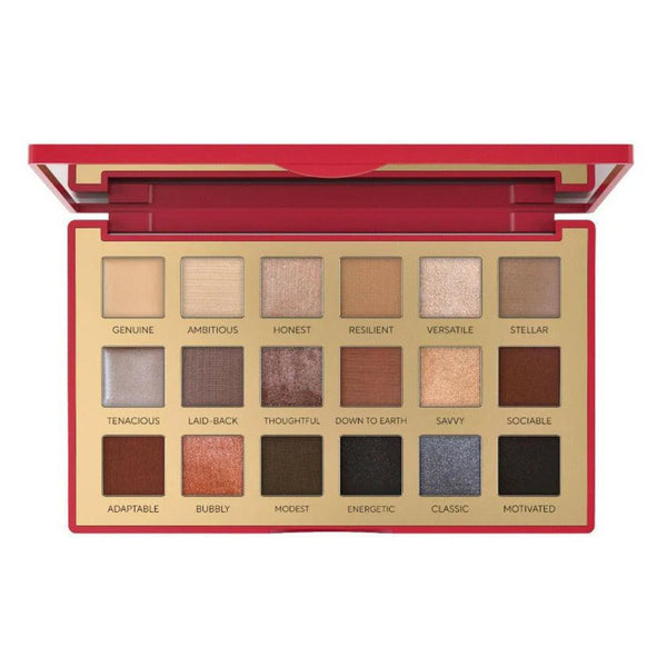 Mirabella True to You Nude Eye Palette open compact showing all 18 named eyeshadow pans with mirror