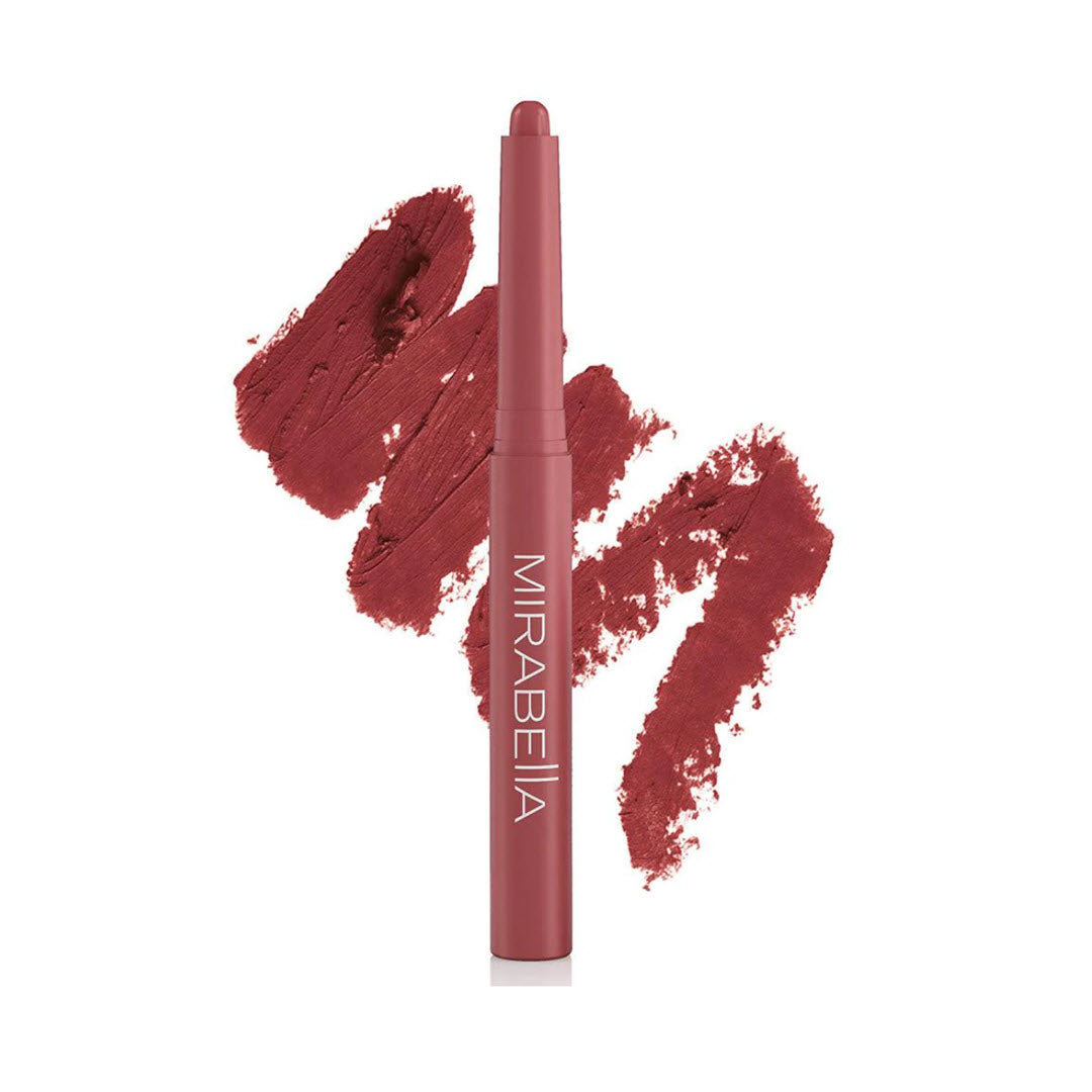 Mirabella Velvet Lip Crayon in shade Mystic Mauve with color swatch swipe