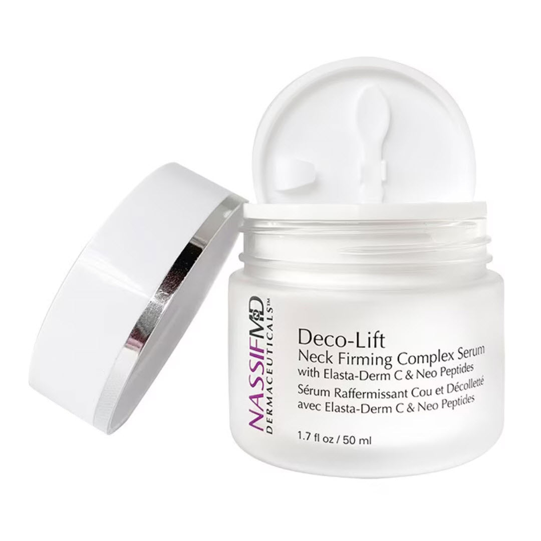 NassifMD Deco-Lift Neck Firming Complex Serum jar open showing spatula applicator