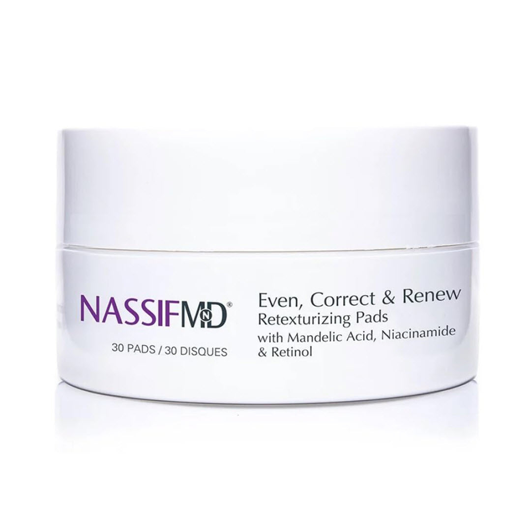 NassifMD Even, Correct & Renew Retexturizing Pads jar with mandelic acid, niacinamide and retinol, 30 pads