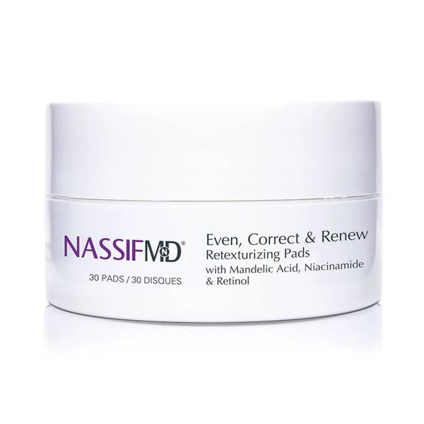 NassifMD Even, Correct & Renew Retexturizing Pads jar with mandelic acid, niacinamide and retinol, 30 pads