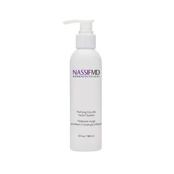 NassifMD Purifying Glycolic Facial Cleanser pump bottle with 7% glycolic acid, 6 fl oz