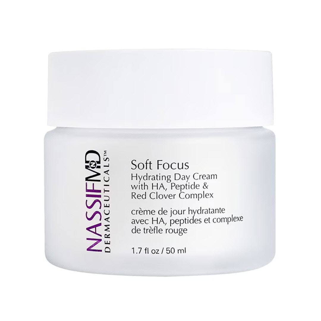 NassifMD Soft Focus Hydrating Day Cream jar with hyaluronic acid, peptide and red clover complex, 1.7 fl oz