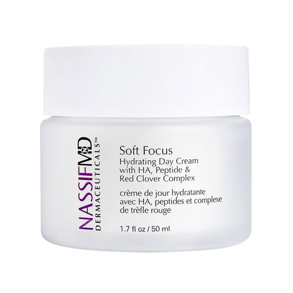 NassifMD Soft Focus Hydrating Day Cream jar with hyaluronic acid, peptide and red clover complex, 1.7 fl oz