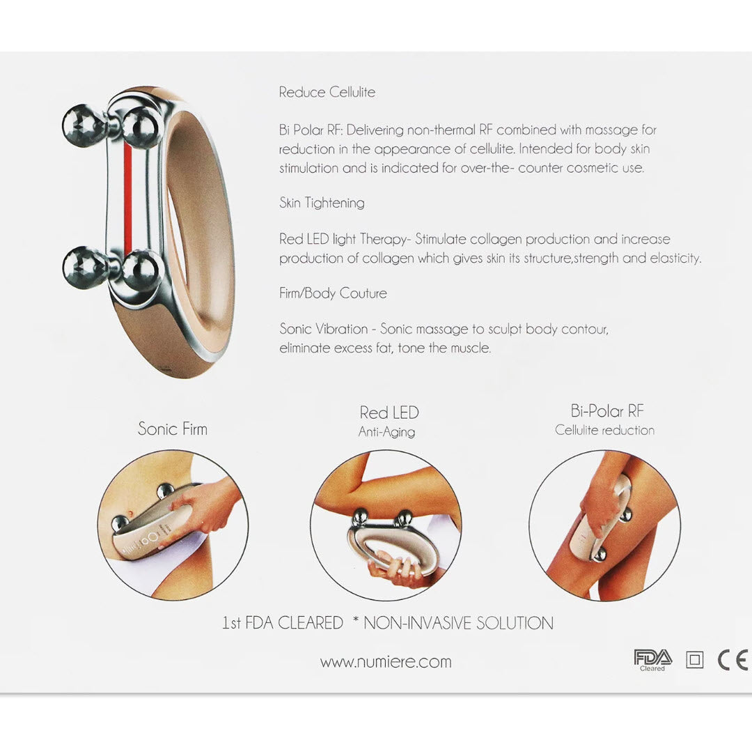 Numiere Body device features: Bi-Polar RF for cellulite reduction, Red LED light therapy for skin tightening and collagen production, and Sonic Vibration massage to sculpt body contour, FDA cleared non-invasive solution