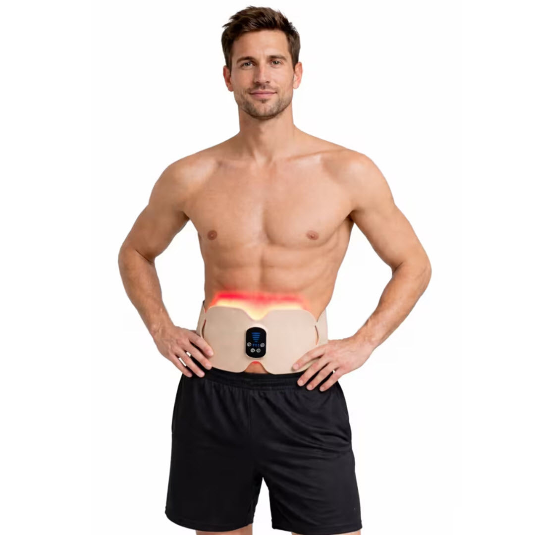 Man wearing the Numiere Body Keeper on his abdomen with red LED light therapy