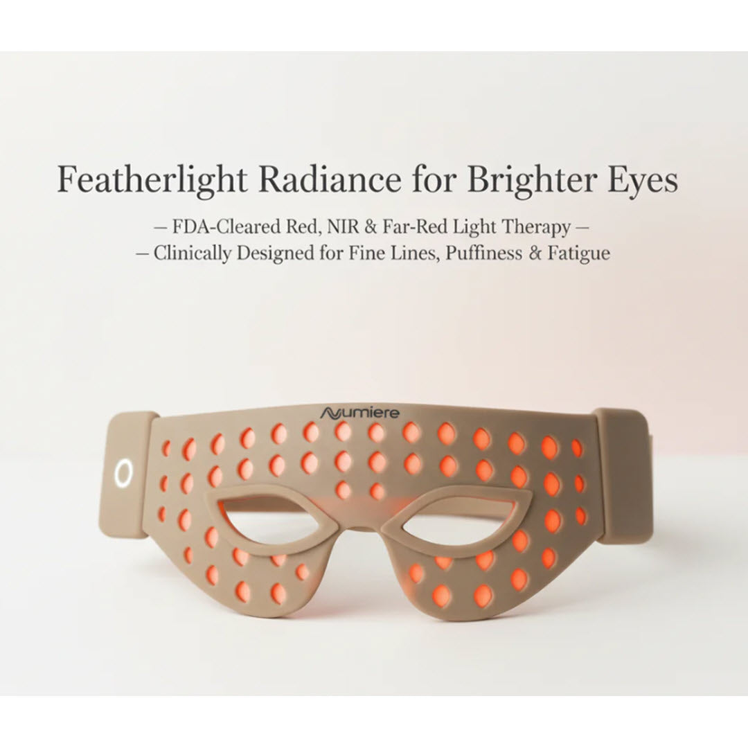 Numiere Feather LED Eye Mask: featherlight radiance for brighter eyes, FDA-cleared red, NIR, and far-red light therapy clinically designed for fine lines, puffiness, and fatigue