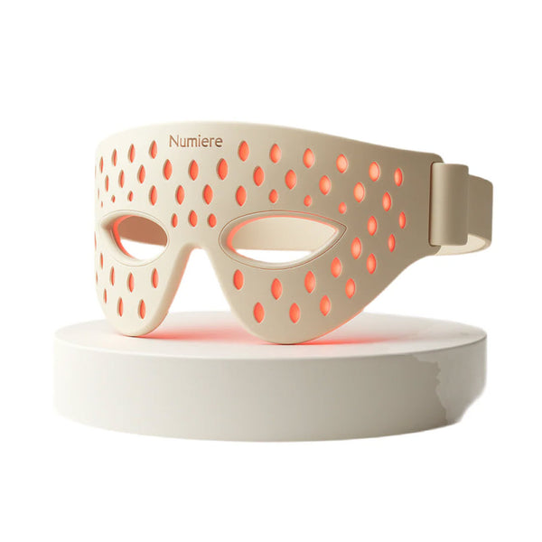 Numiere Feather LED Eye Mask, cream silicone mask glowing with red light therapy