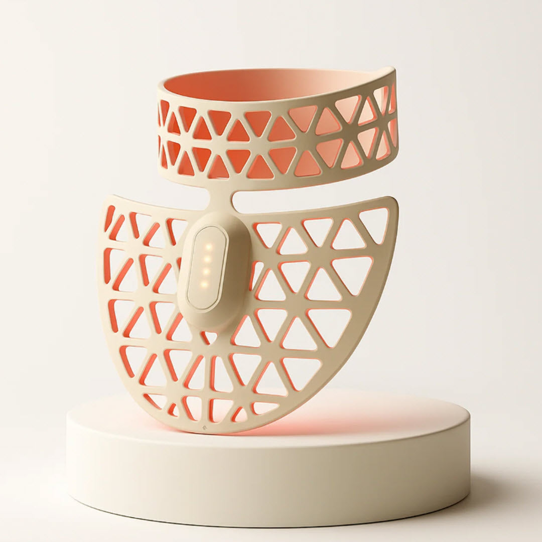 Numiere Feather Neck Mask glowing with red light therapy, contoured for the neck and decollete