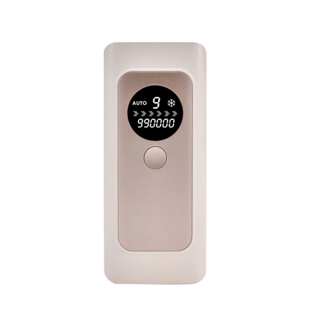 Front view of the Numiere IPL Hair Removal device display showing auto mode, intensity level 9, and flash counter
