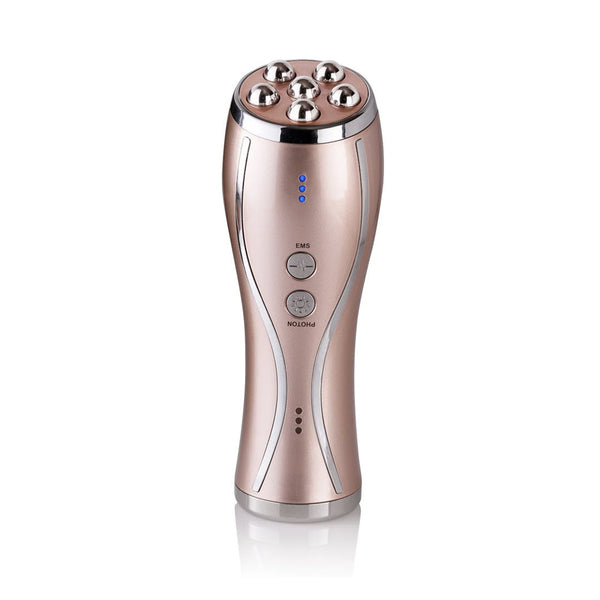Numiere Plus rose gold handheld device with six microcurrent massage rollers, EMS and photon light buttons