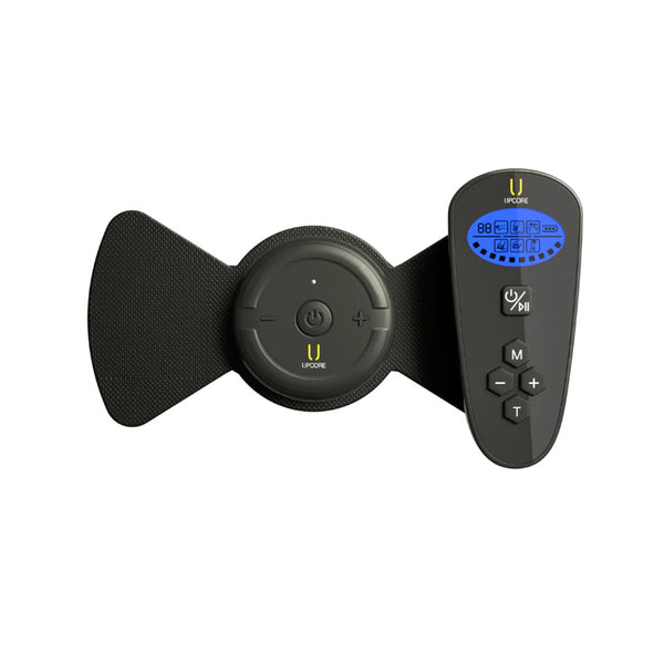 Numiere UpCore Mini wireless muscle stimulator pad with remote control, black bowtie-shaped device with adhesive gel pads