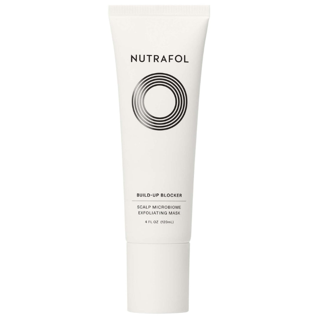 Nutrafol Build-Up Blocker Scalp Microbiome Exfoliating Mask 4 fl oz white squeeze tube on white background