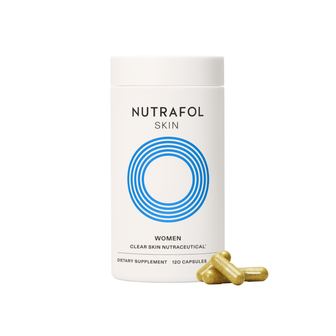 Nutrafol Clear Skin Nutraceutical for Women 18+ white bottle with gold capsules on white background
