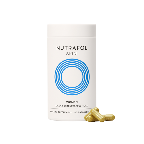 Nutrafol Clear Skin Nutraceutical for Women 18+ white bottle with gold capsules on white background