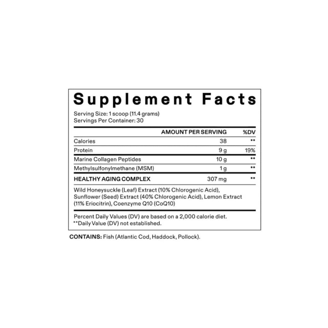 Nutrafol Collagen Infusion MD supplement facts showing marine collagen peptides and healthy aging complex
