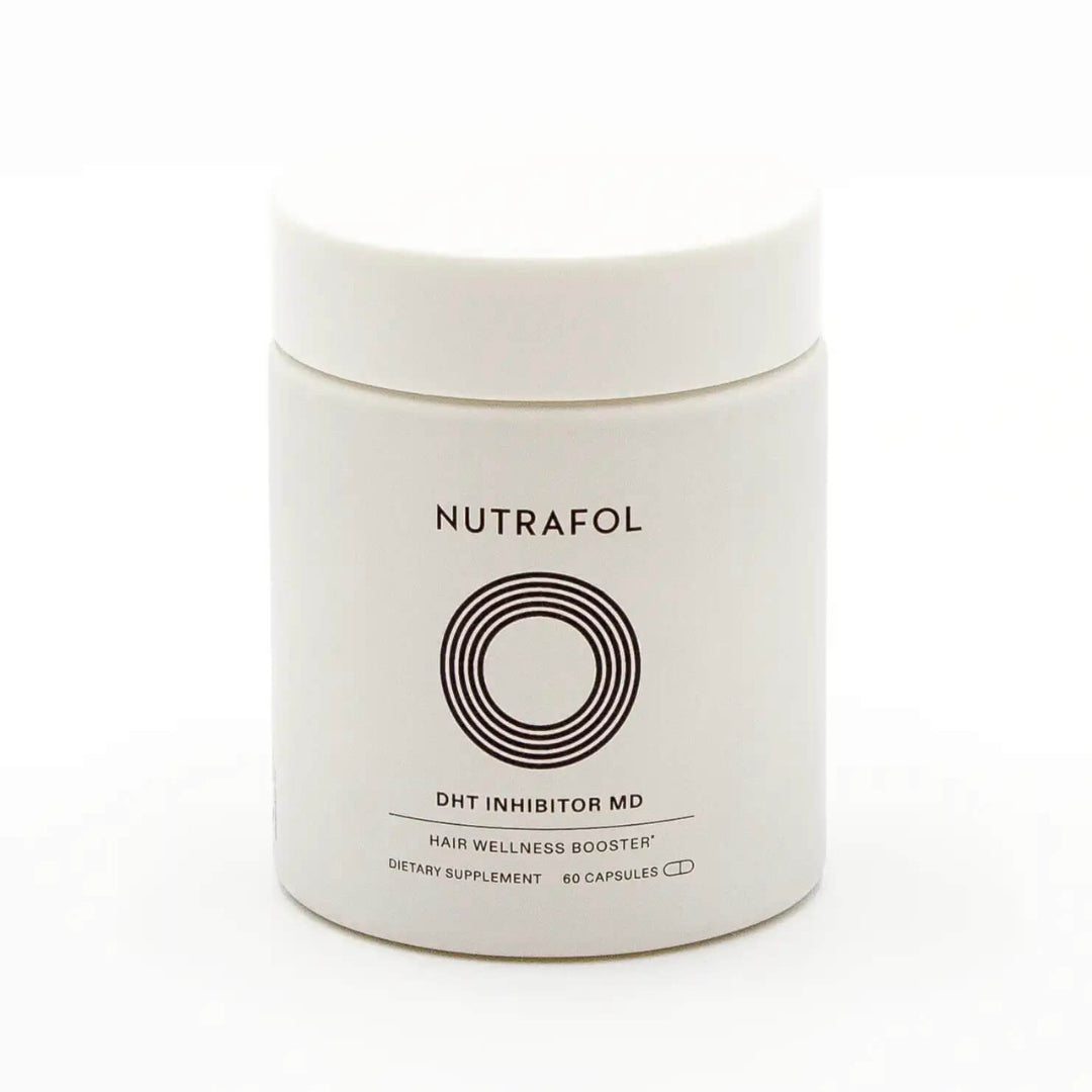 Nutrafol DHT Inhibitor MD Hair Wellness Booster white jar 60 capsules on white background