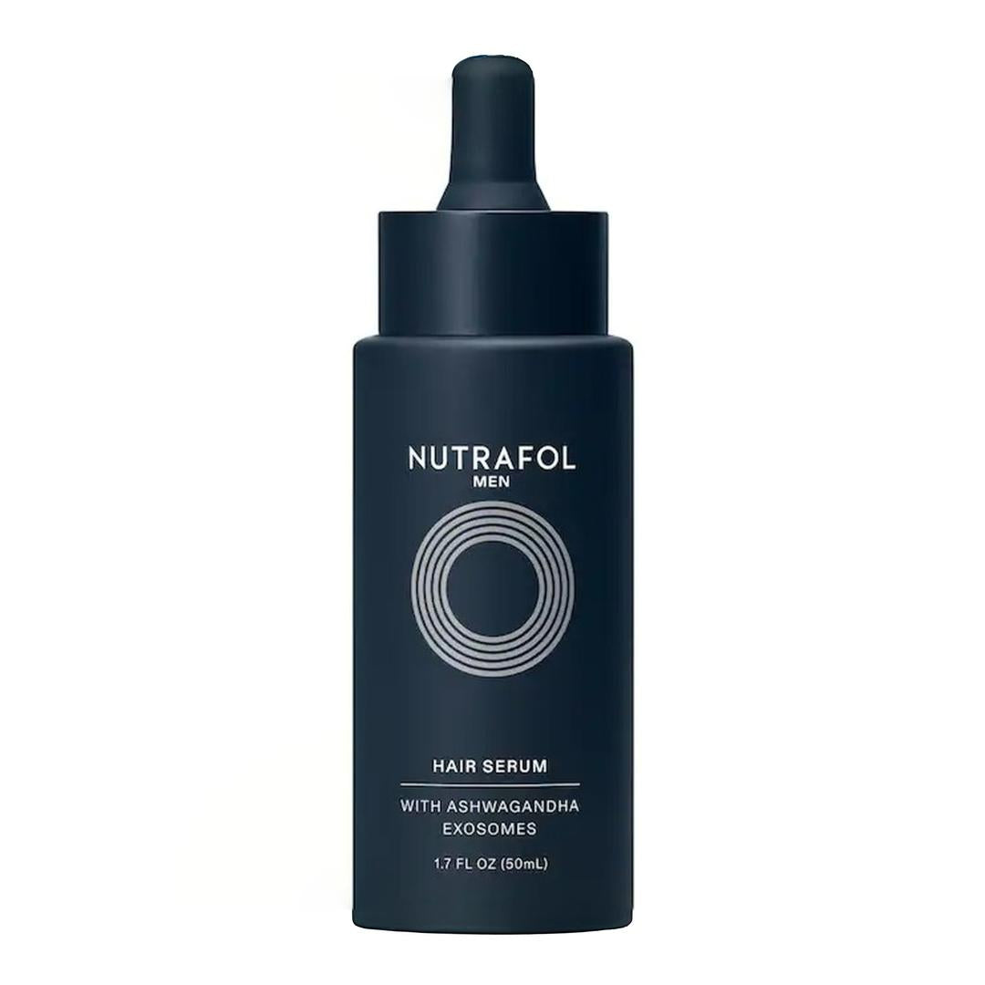 Nutrafol Hair Serum for Men 1.7 oz dark navy dropper bottle with ashwagandha exosomes on white background