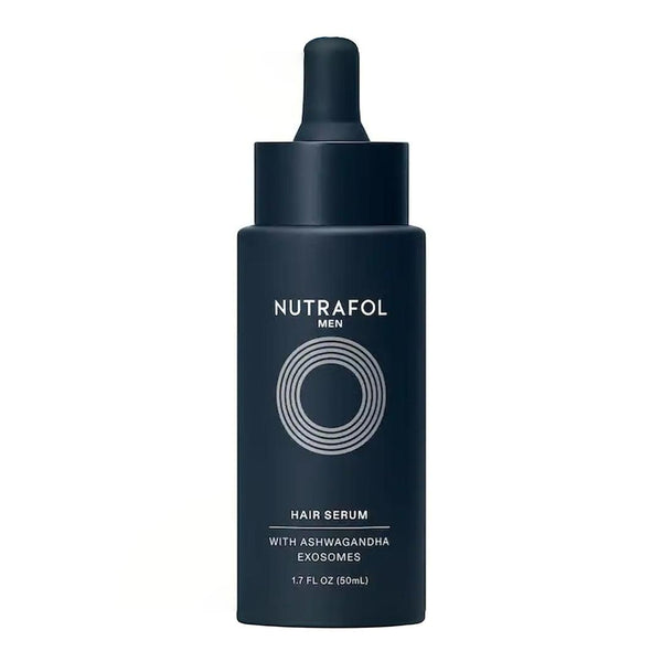 Nutrafol Hair Serum for Men 1.7 oz dark navy dropper bottle with ashwagandha exosomes on white background