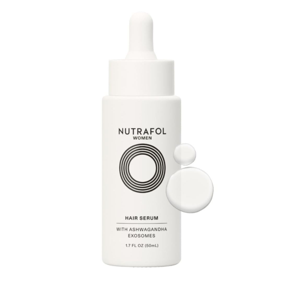 Nutrafol Hair Serum for Women 1.7 oz white dropper bottle with serum drops on white background