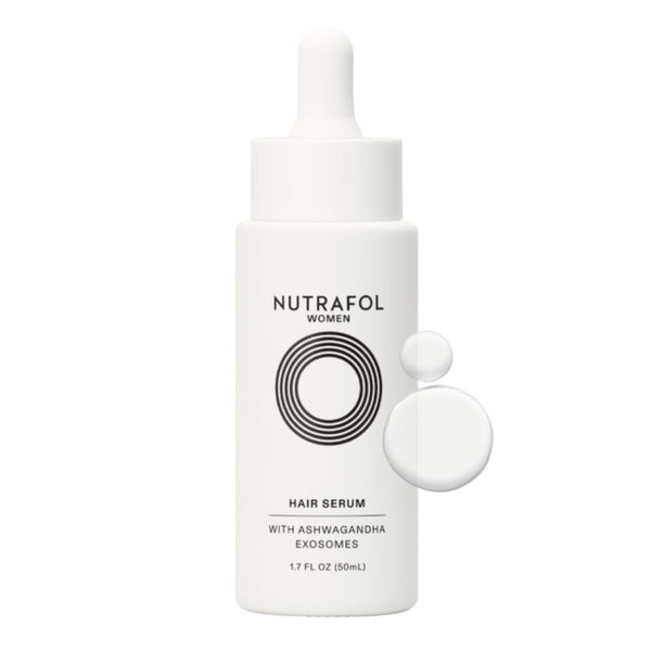 Nutrafol Hair Serum for Women 1.7 oz white dropper bottle with serum drops on white background