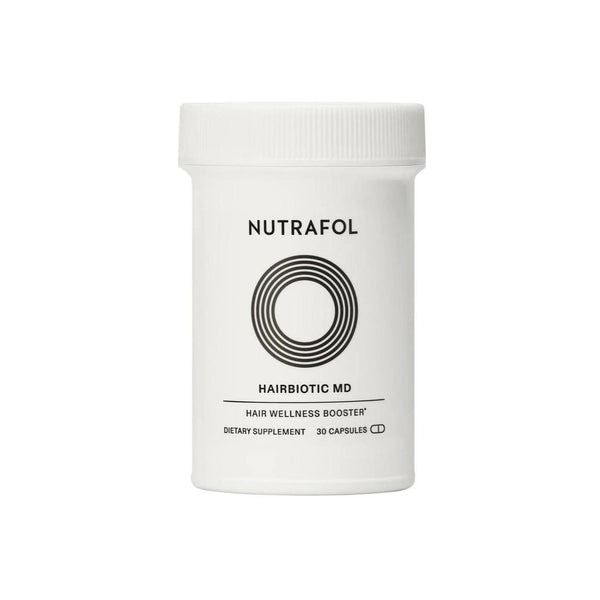 Nutrafol Hairbiotic MD Hair Wellness Booster dietary supplement 30 capsules white bottle on white background
