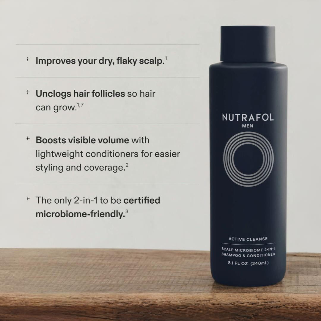 Nutrafol Men Active Cleanse 2-in-1 Shampoo and Conditioner key benefits including unclogs hair follicles boosts visible volume and certified microbiome-friendly