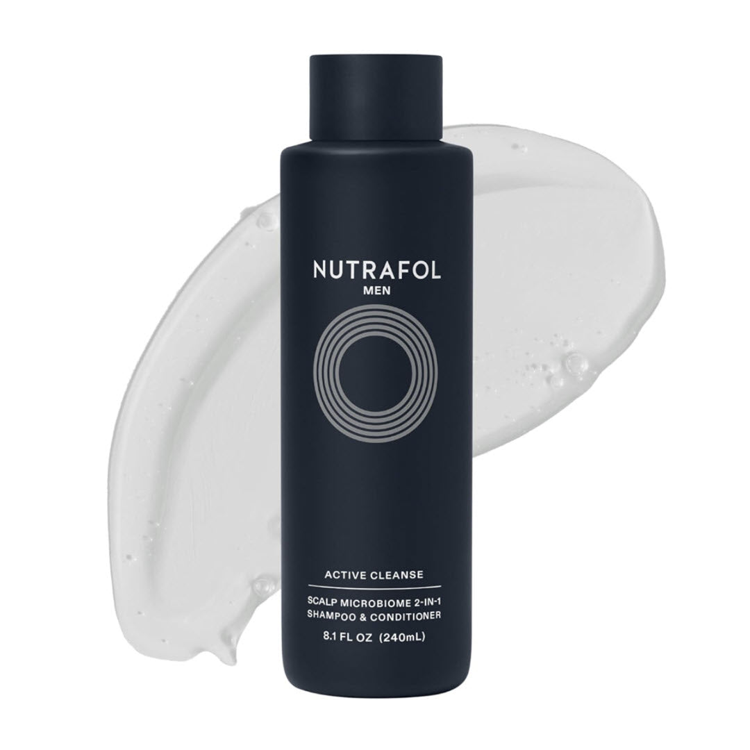 Nutrafol Men Active Cleanse Scalp Microbiome 2-in-1 Shampoo and Conditioner 8.1 fl oz dark navy bottle with creamy formula swatch on white background