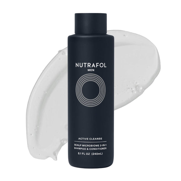 Nutrafol Men Active Cleanse Scalp Microbiome 2-in-1 Shampoo and Conditioner 8.1 fl oz dark navy bottle with creamy formula swatch on white background