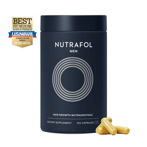 Nutrafol Men Hair Growth Pack 3-Month Supply dark navy bottle with capsules and US News Best OTC award